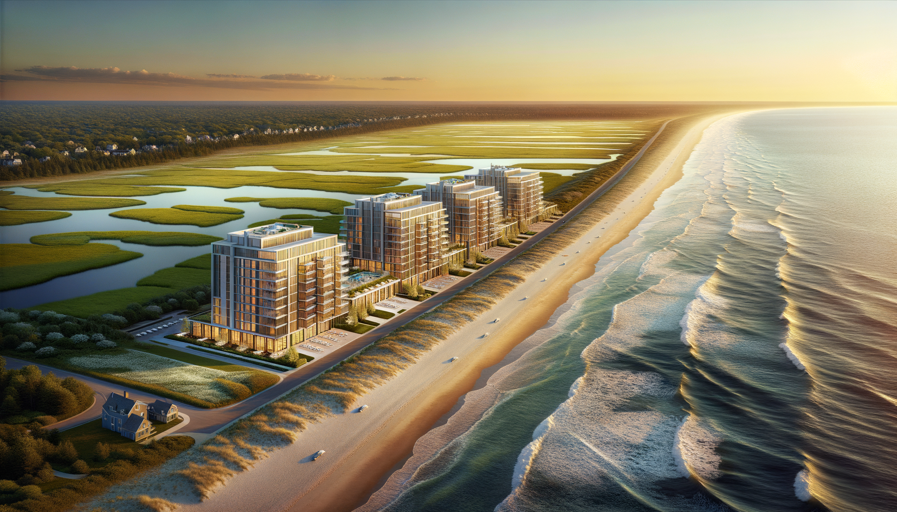 Aerial view of Hampton Beach, New Hampshire oceanfront at golden hour — new luxury condominium development on Ocean Boulevard